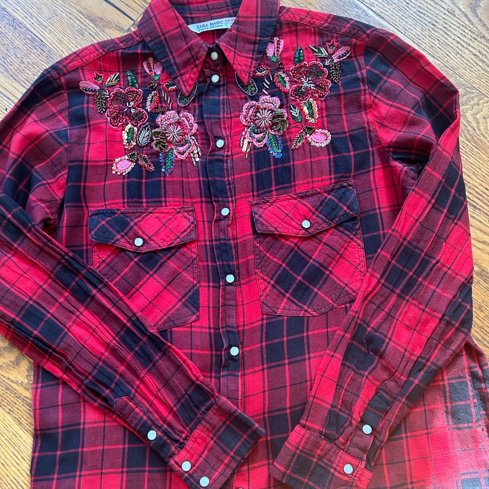Zara Plaid Check Sequin Top